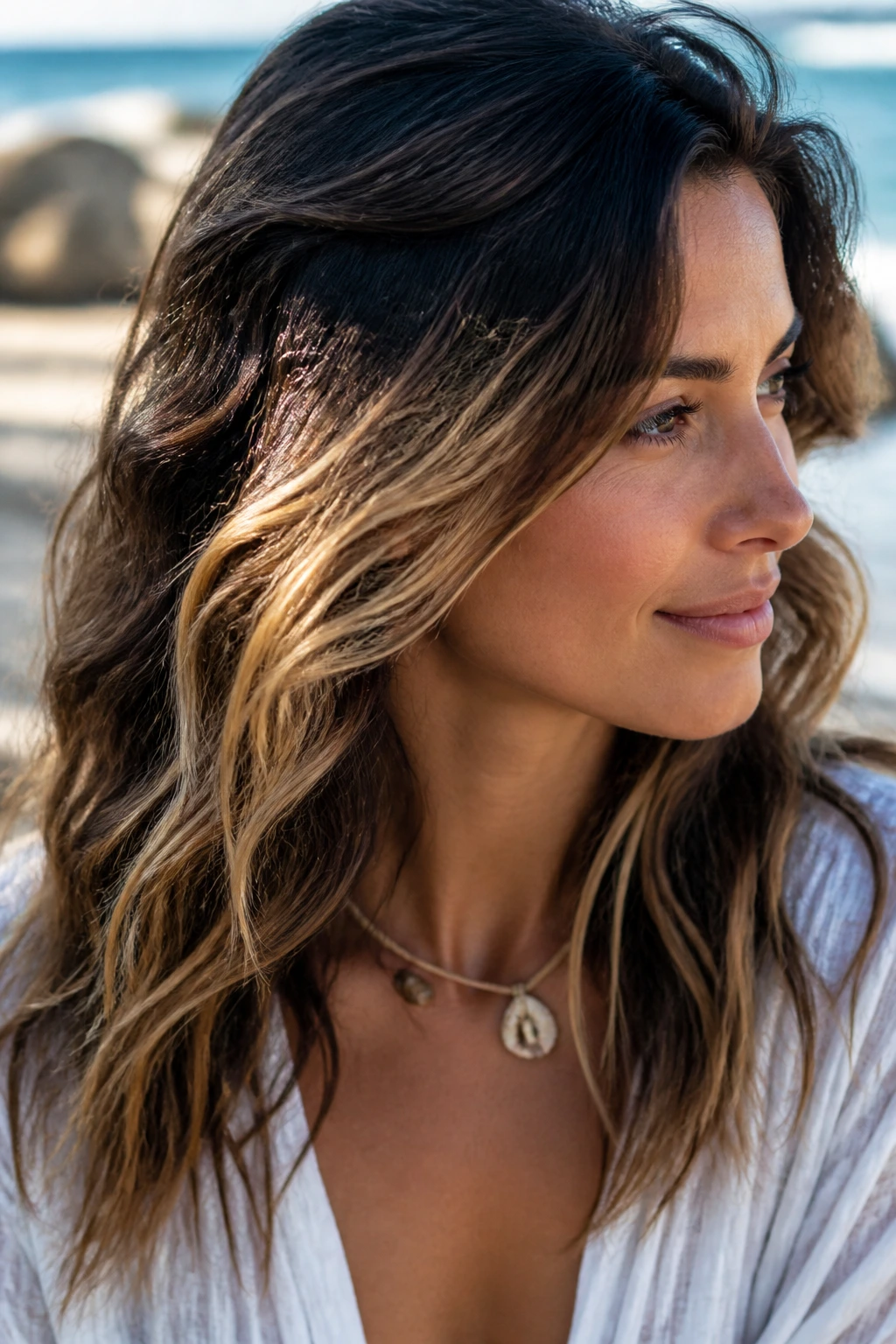 Wavy brunette with sandy peekaboo panels visible under the top layer