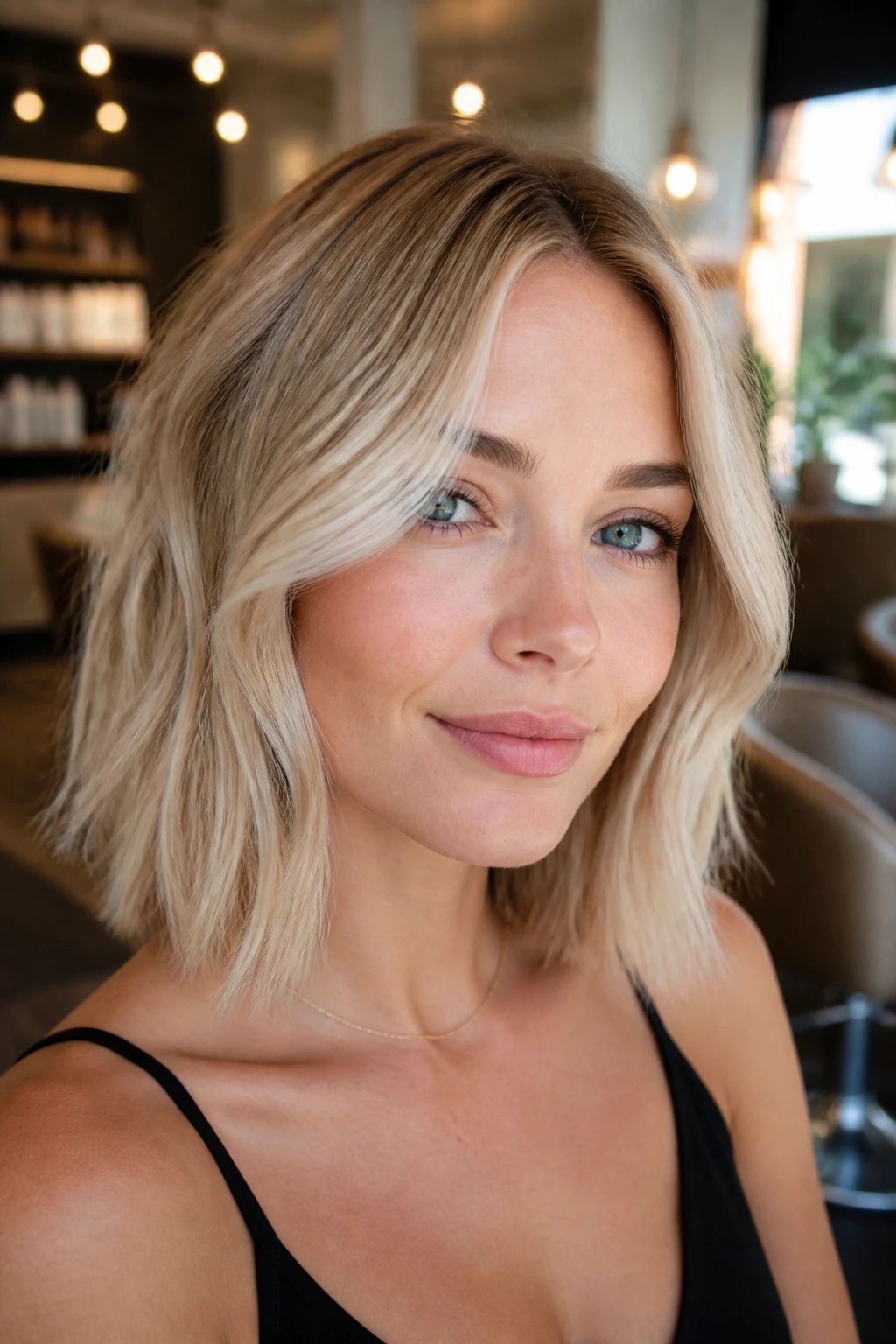 Close-up of a real woman with sandy platinum lob and soft waves hair.
