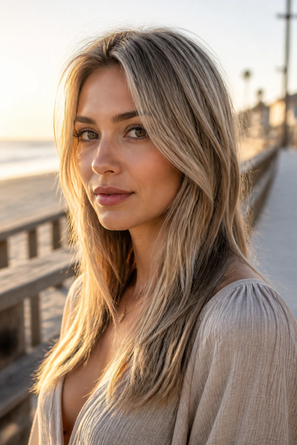 Close-up of brunette with sandy smoke blonde hair and lowlights