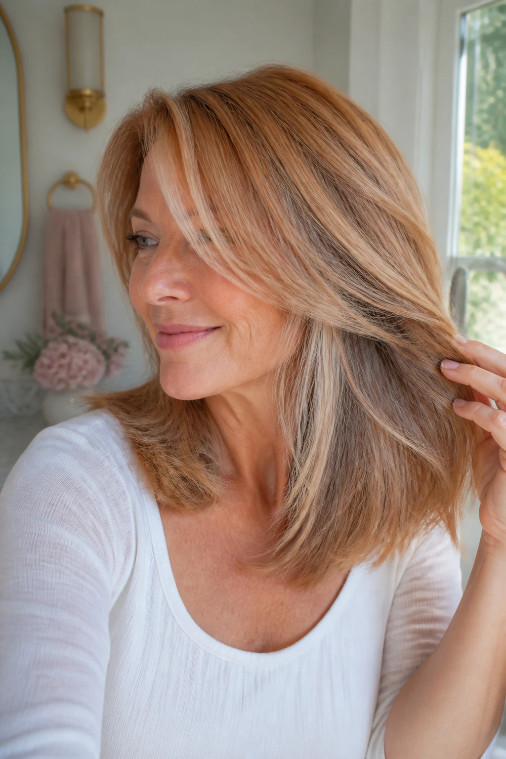 Medium close-up of a real woman with Sandy Strawberry Blonde hair with an ashy underlayer in natural light