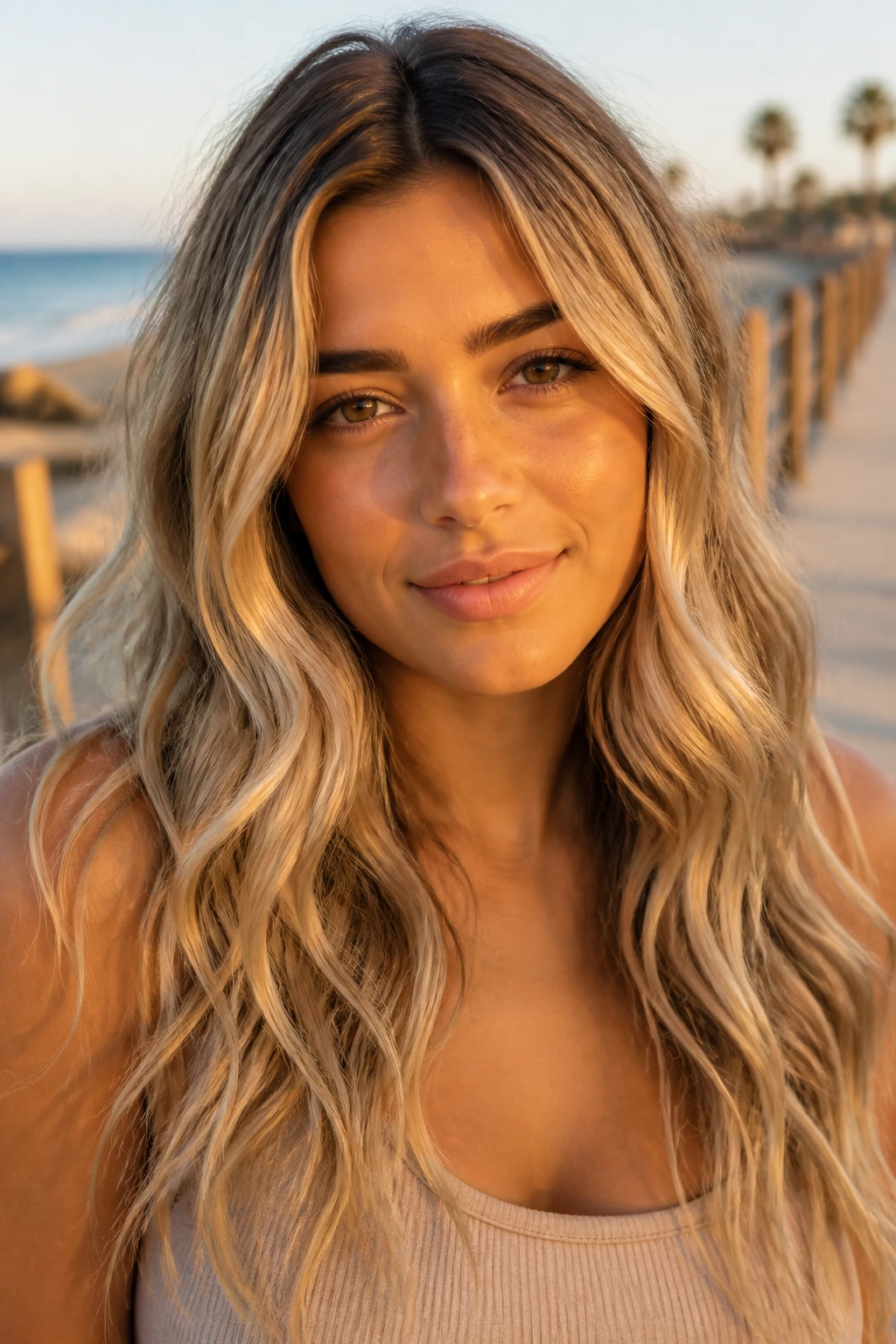 Close-up of a real woman with sandy vanilla waves and a soft root-to-ends transition.