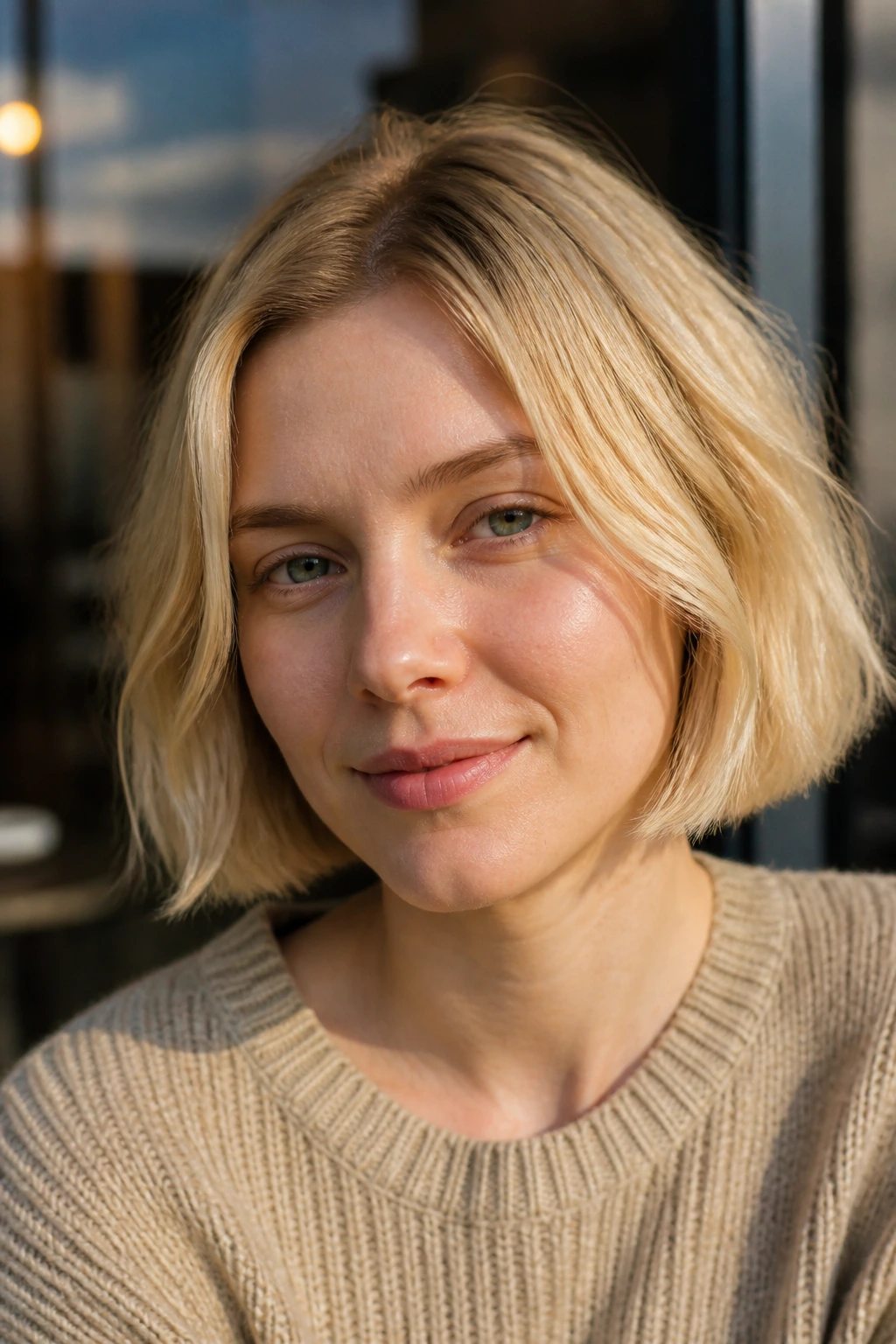 Close-up of a real woman with a sandy yellow blonde bob in warm daylight