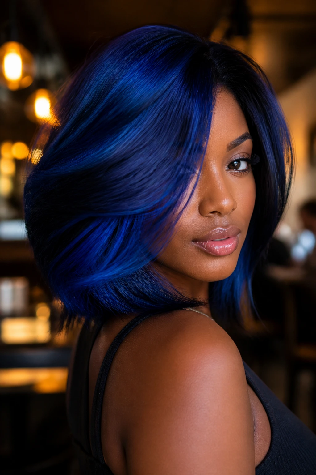 Close-up of a real person with sapphire blue hair and navy depth in a cafe setting