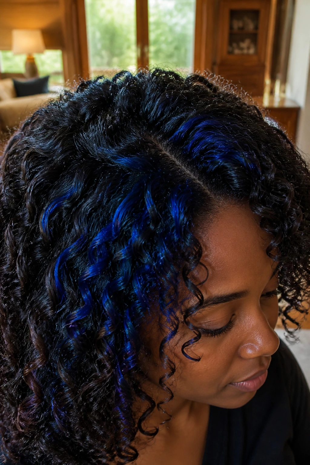 Close-up of dark curls with sapphire panel highlights at the crown.
