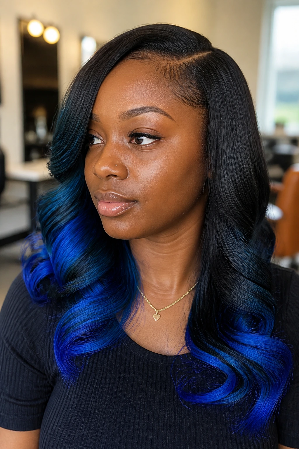 Close-up of a real person with side-part sew-in and sapphire tips