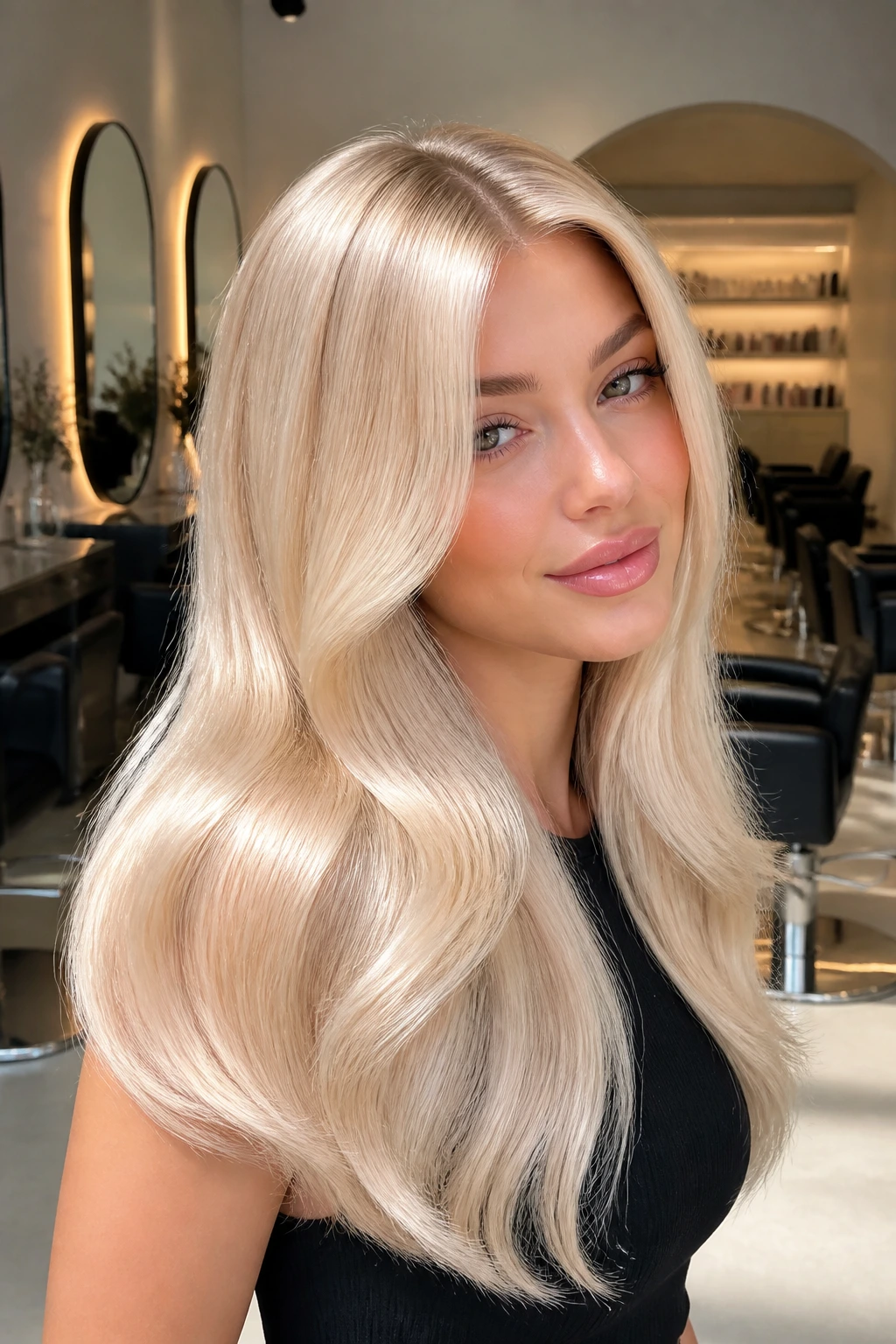 Portrait of a person with pale beige-gold satin blonde hair and glossy finish.