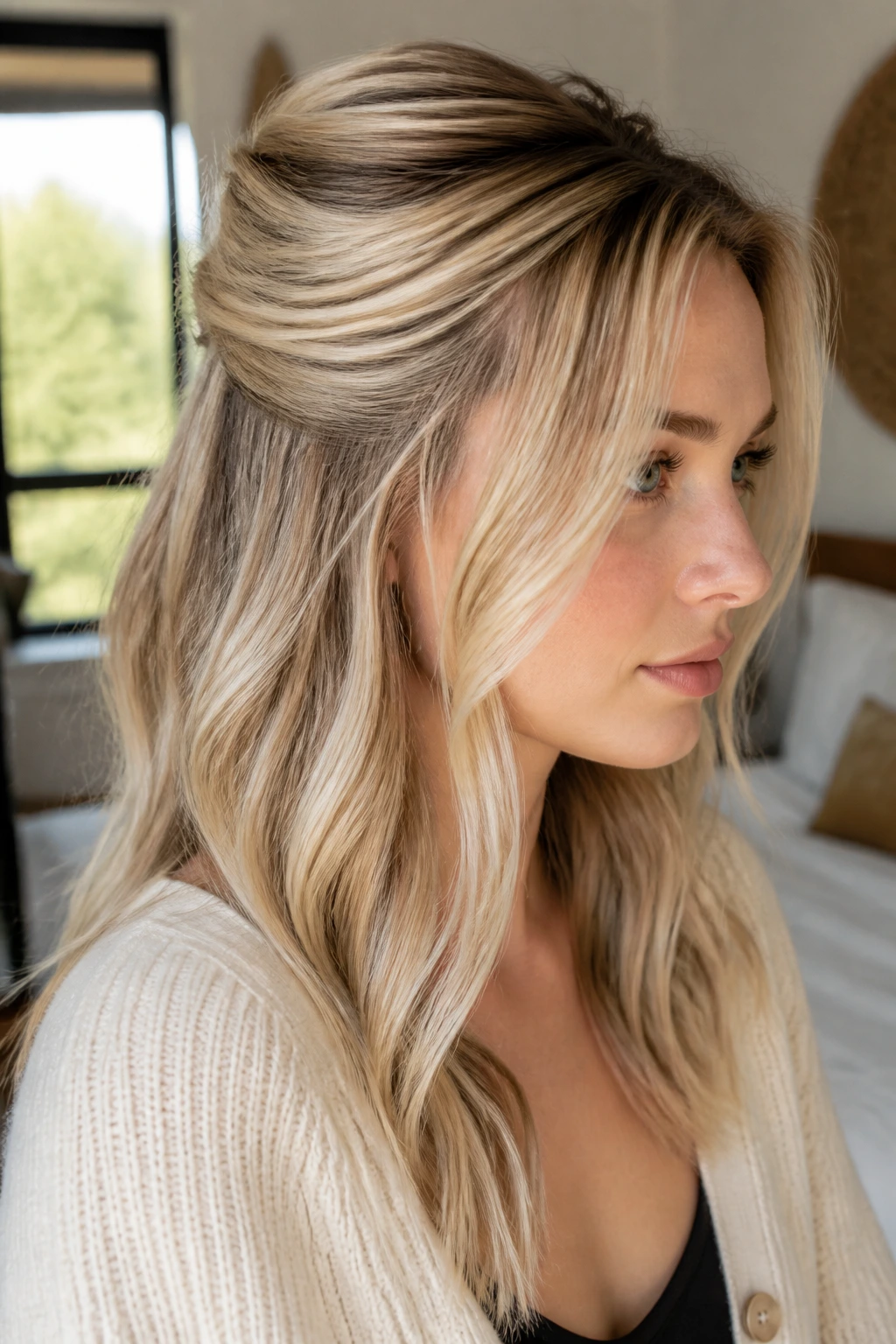 Real person with satin blonde half-up twist in natural window light