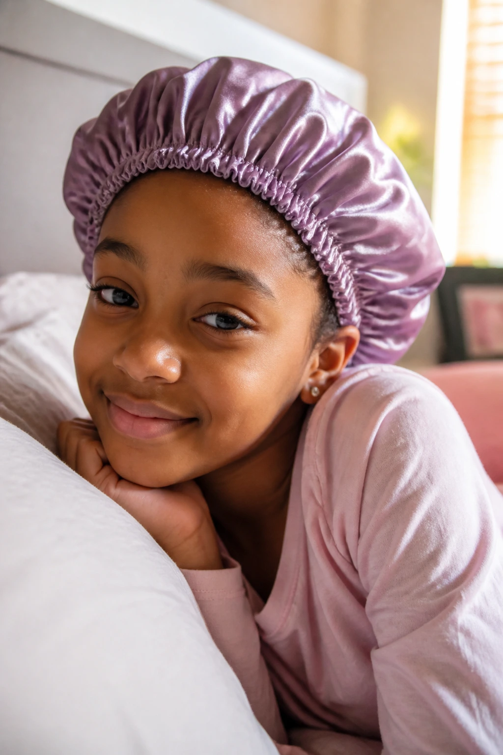 Close-up of a child wearing a satin bonnet in bed to protect hair overnight