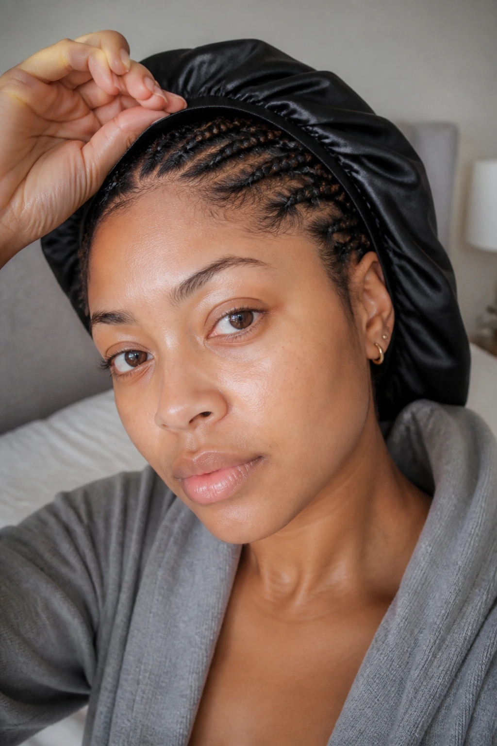 Real woman wearing satin bonnet with braids peeking at the hairline in a bedroom