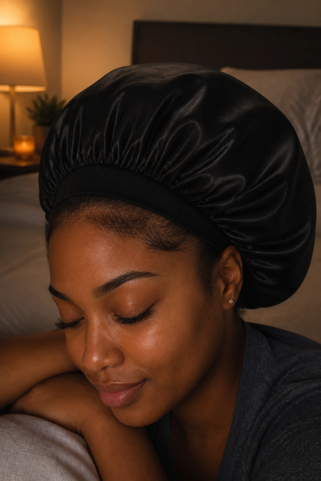 Satin bonnet on braided hair at night