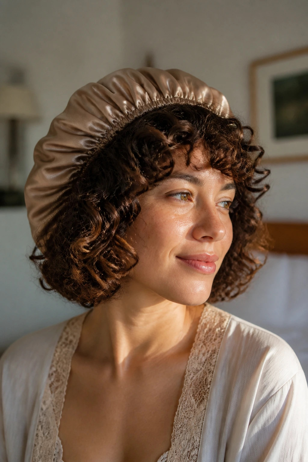 Close-up of a real woman in a satin bonnet with curly bob maintaining shape