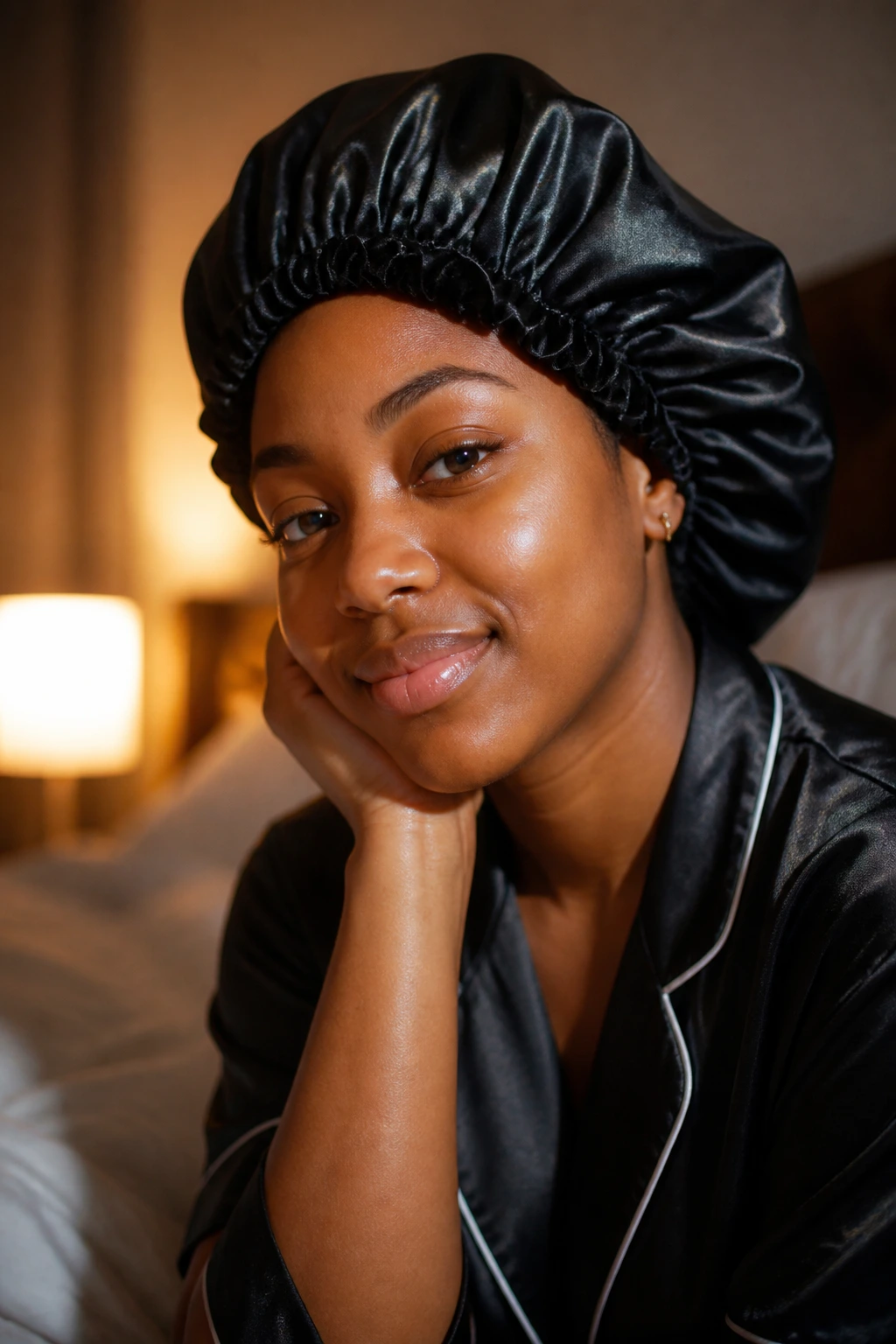 Woman wearing satin bonnet in a softly lit bedroom