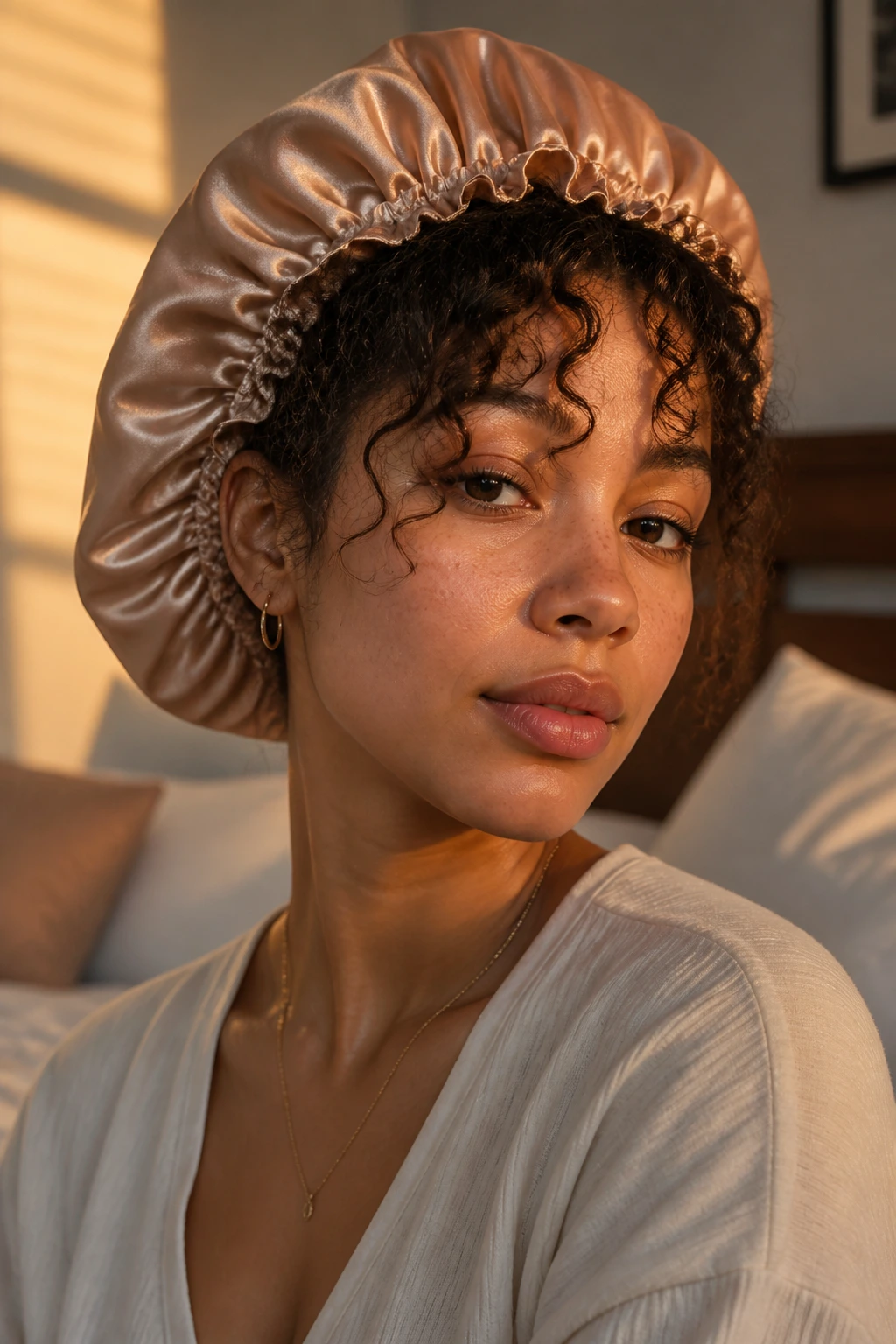 Portrait of a person wearing a satin bonnet with bangs showing