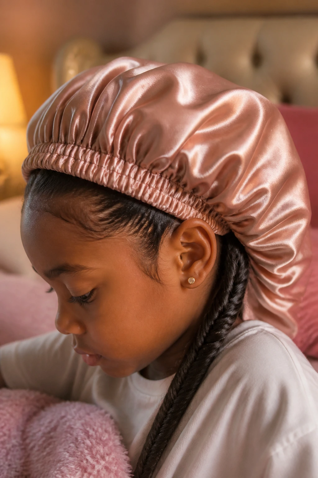 Child wearing satin bonnet with a visible fishtail braid at the bonnet edge