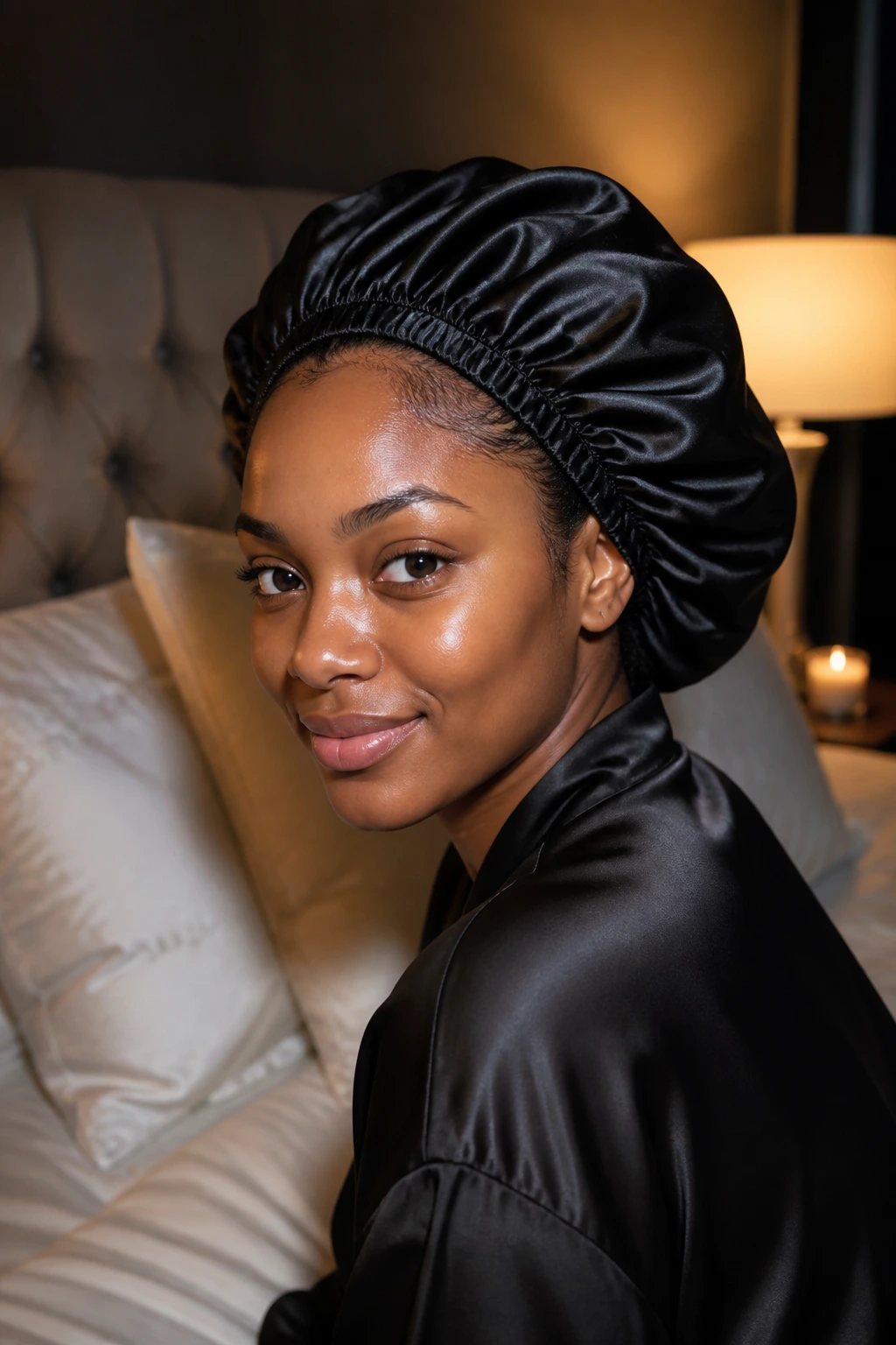 Real person wearing a satin bonnet at night protecting braided hair.