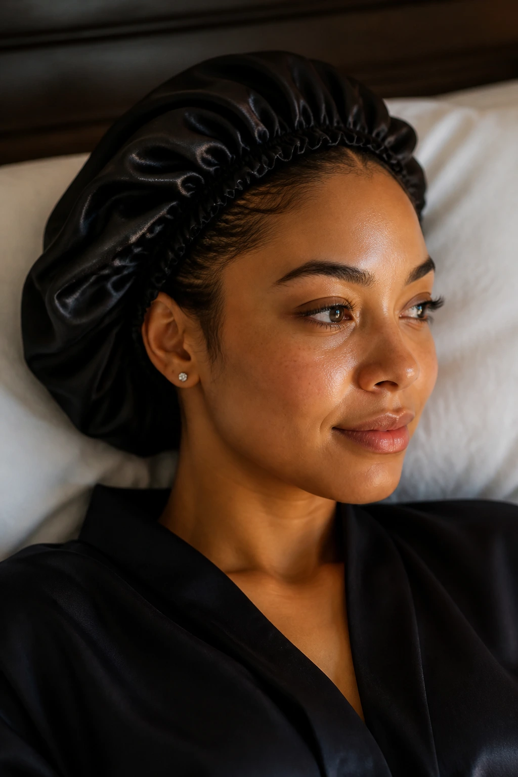 Real woman wearing satin bonnet in a softly lit bedroom for night care.
