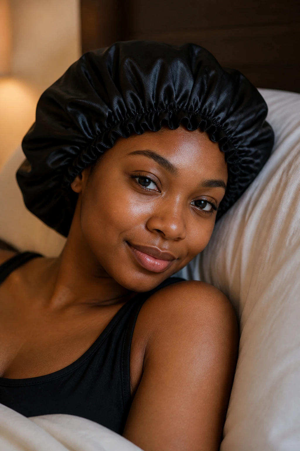 Close-up of a real person wearing a satin bonnet for night care in a cozy bedroom.