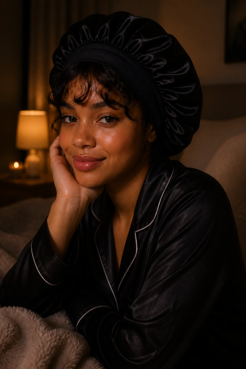 Person in satin bonnet with bangs tucked under at night