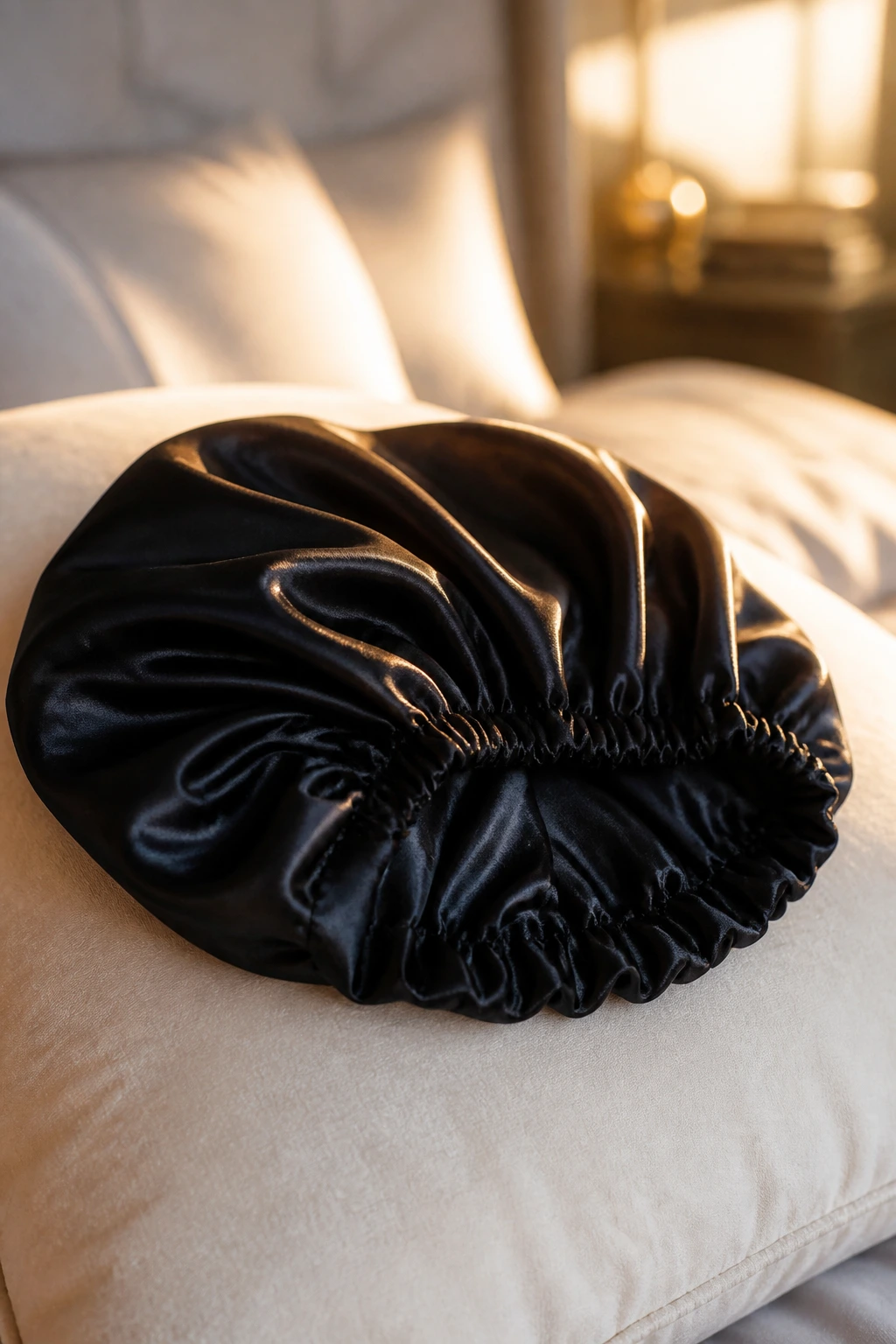Satin bonnet on a pillow in a softly lit bedroom