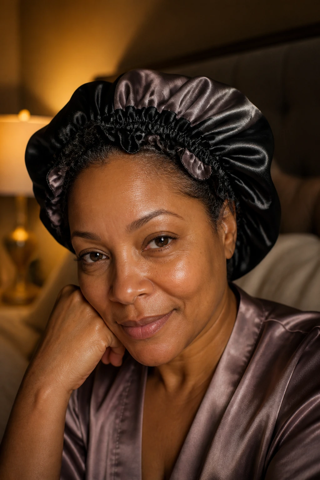 Close-up portrait of a person wearing a satin bonnet to protect curls at night.