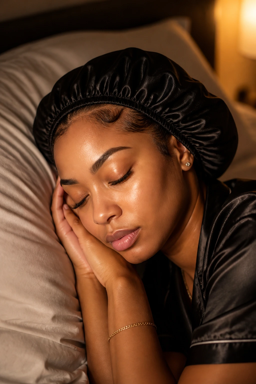 Person wearing satin bonnet to protect braids at night
