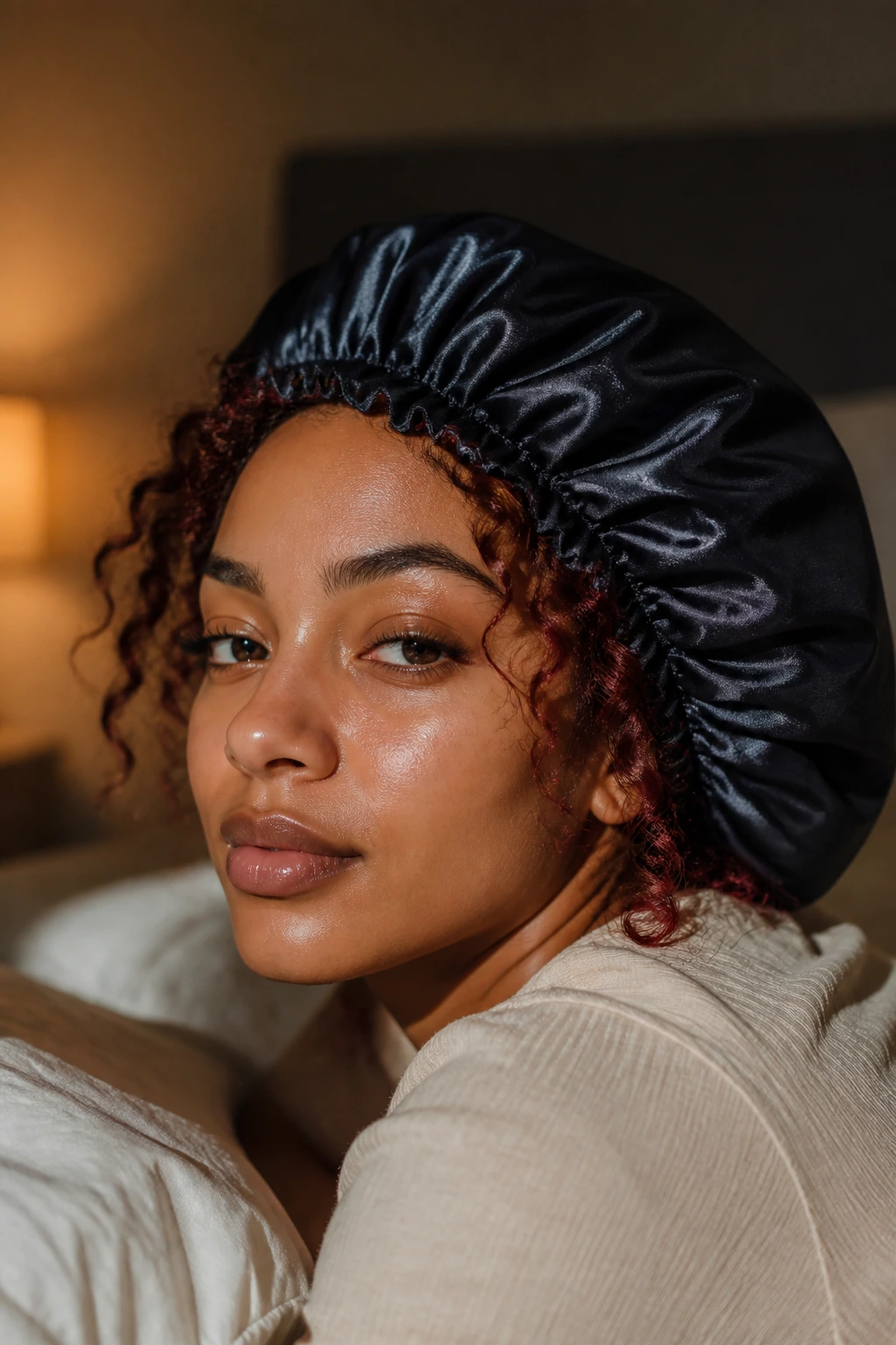 Close-up of a real woman wearing a satin bonnet with red curls peeking around the edges at night.