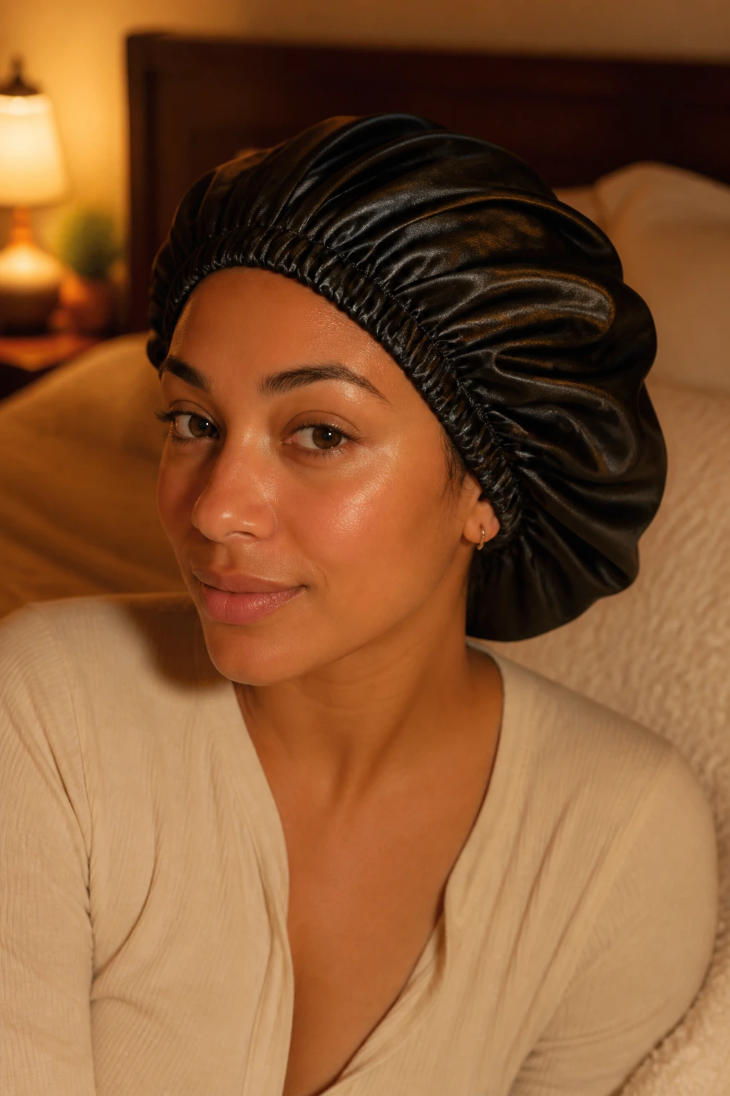 Portrait of a woman in satin bonnet ready to refresh thick curls between wash days