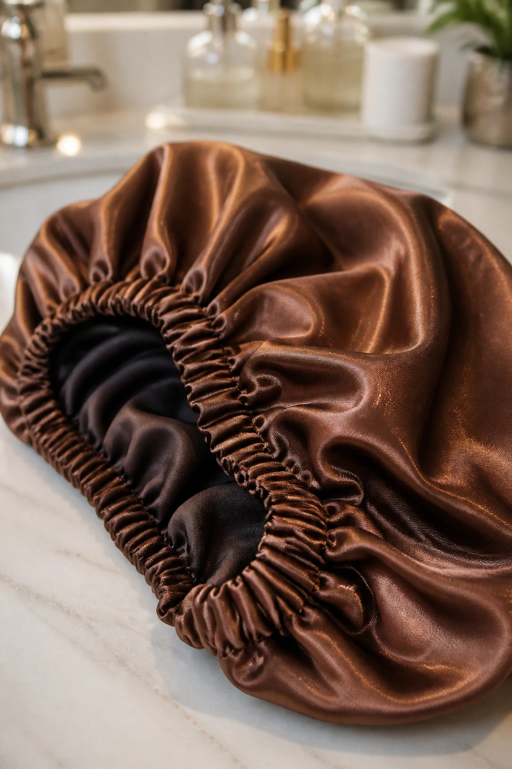 Satin bonnet on a counter in warm natural light