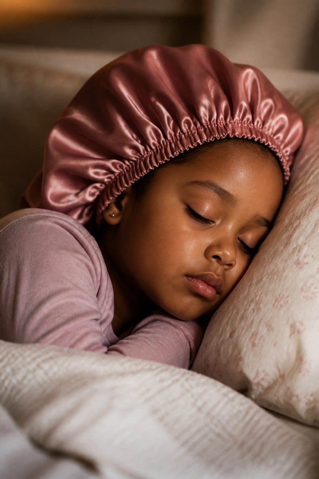 Child sleeping with satin bonnet to protect braids overnight.