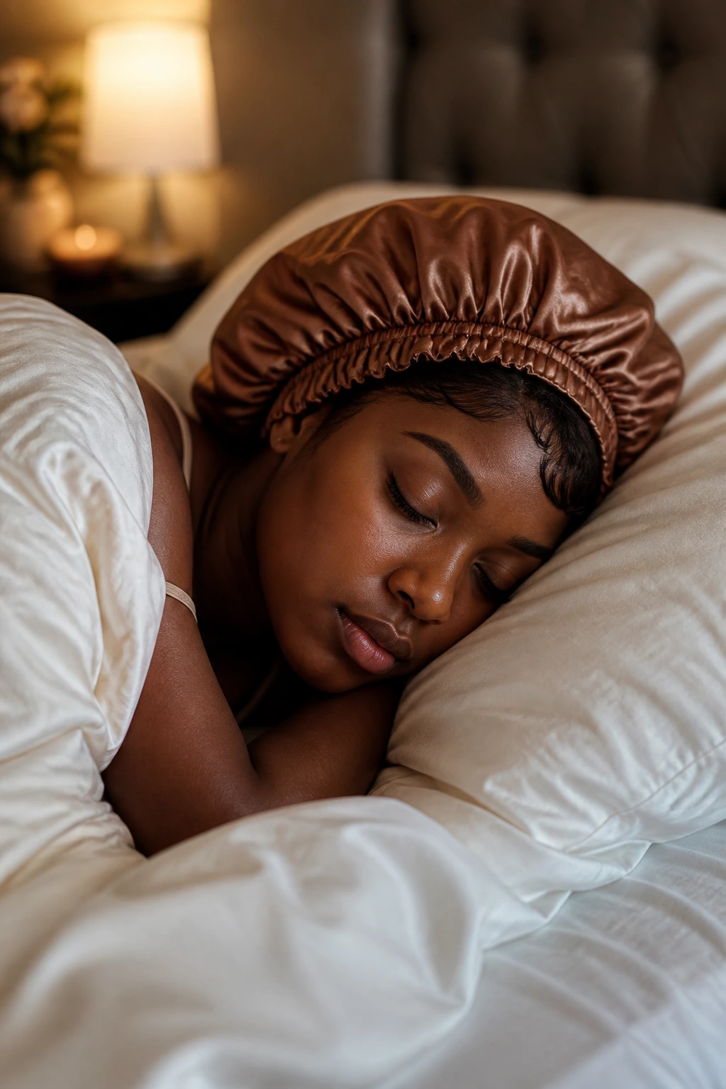 Person wearing a satin bonnet while sleeping to protect asymmetrical short curls in a bedroom.