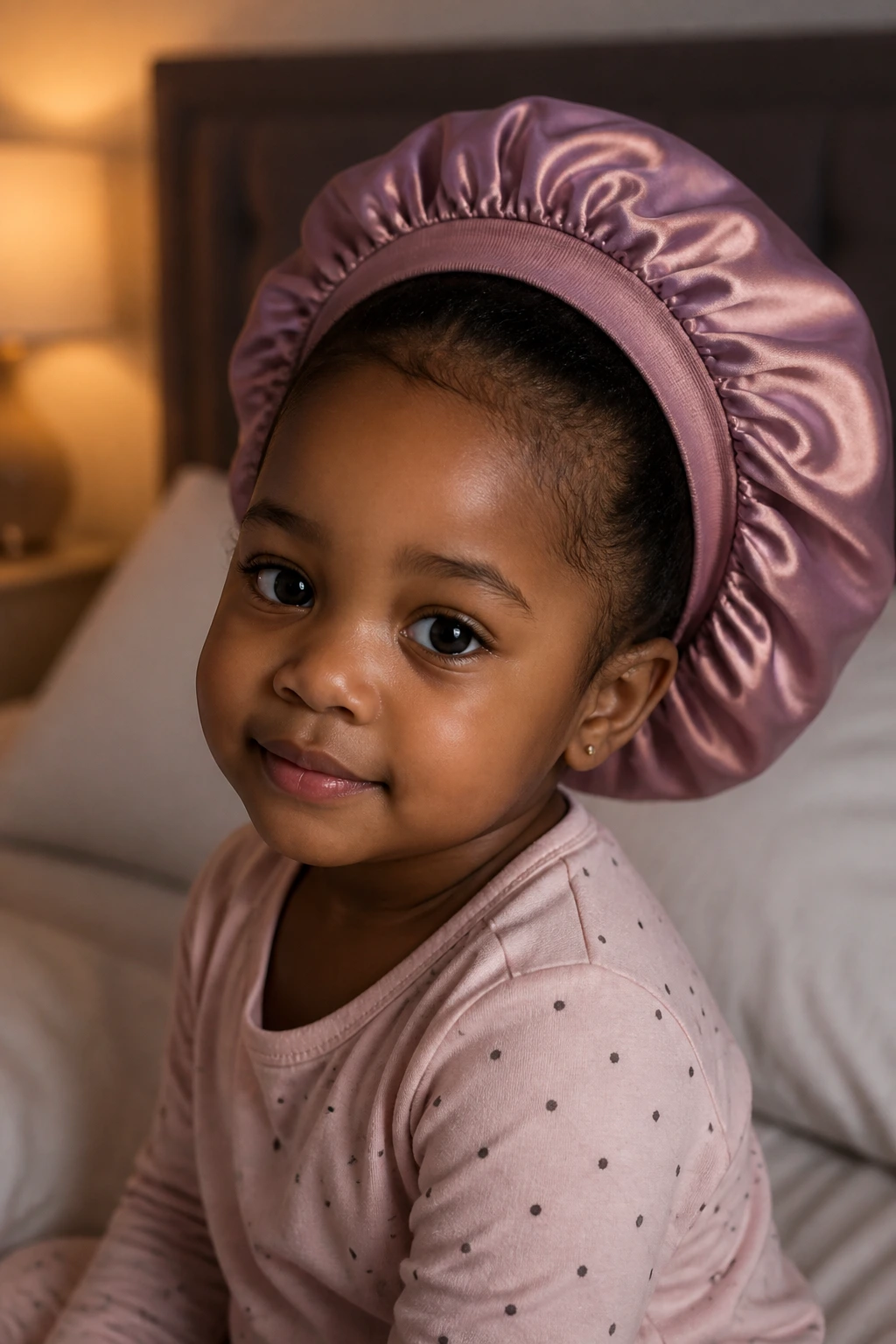 Toddler wearing a satin bonnet over a high puff for night protection