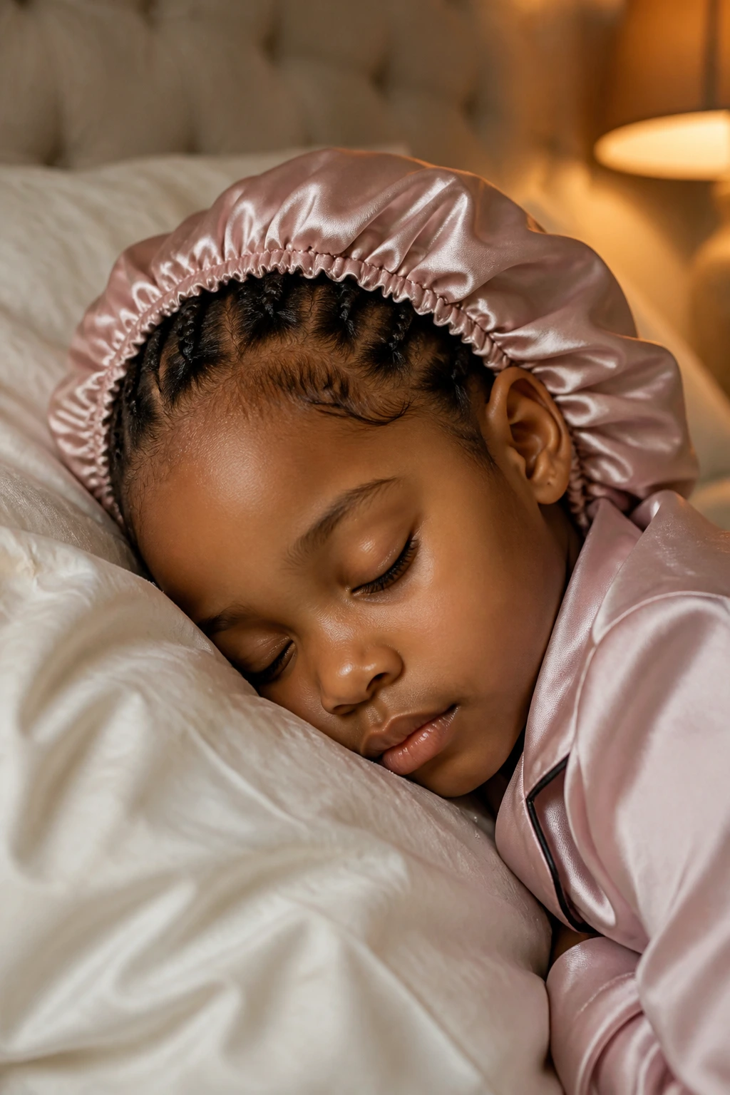 Real child head on pillow wearing satin bonnet under warm bedroom light