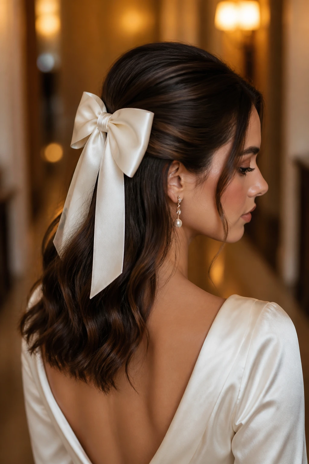Real woman wearing a centered satin bow over a low half-up ponytail.