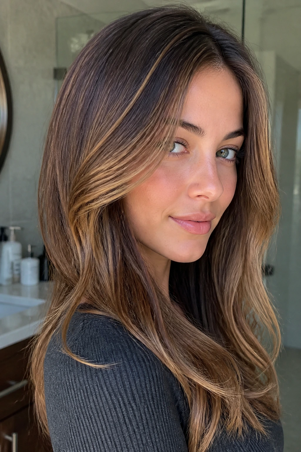 Close-up portrait of satin brunette with tonal caramel balayage under soft daylight.
