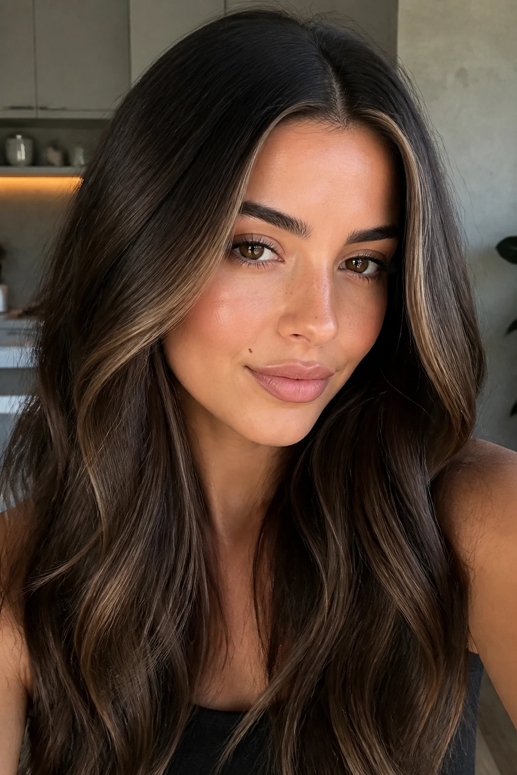 Close-up of satin brunette halo with glossy face-framing glow