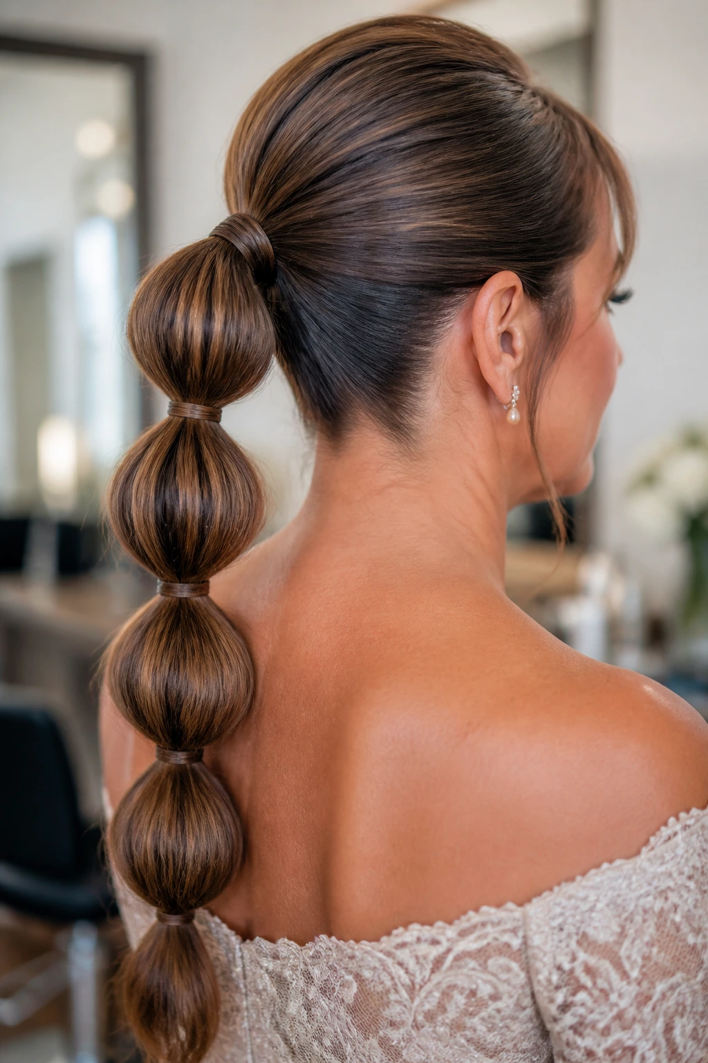 Close-up of Satin Bubble Ponytail on a real woman with thick hair