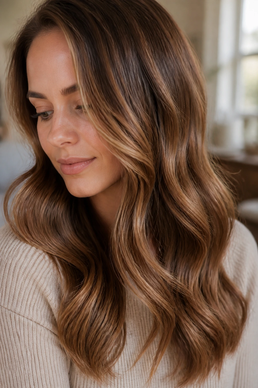 Real person with satin caramel waves showing glossy, medium-neutral brown color
