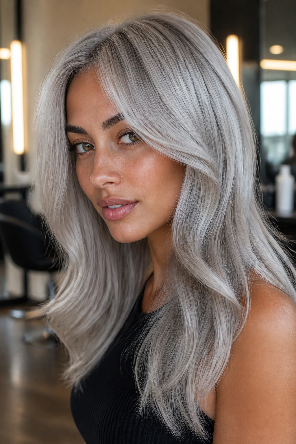 Close-up of a real person with satin chrome silver hair and glossy finish in a salon setting
