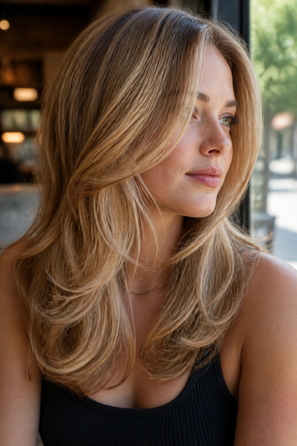 Close-up of a real woman with satin gold layered hair