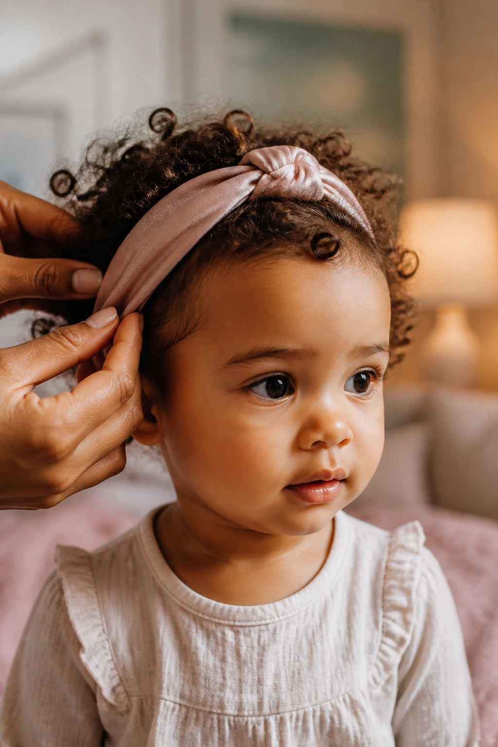 Toddler with soft satin headband, gentle adjustment by caregiver