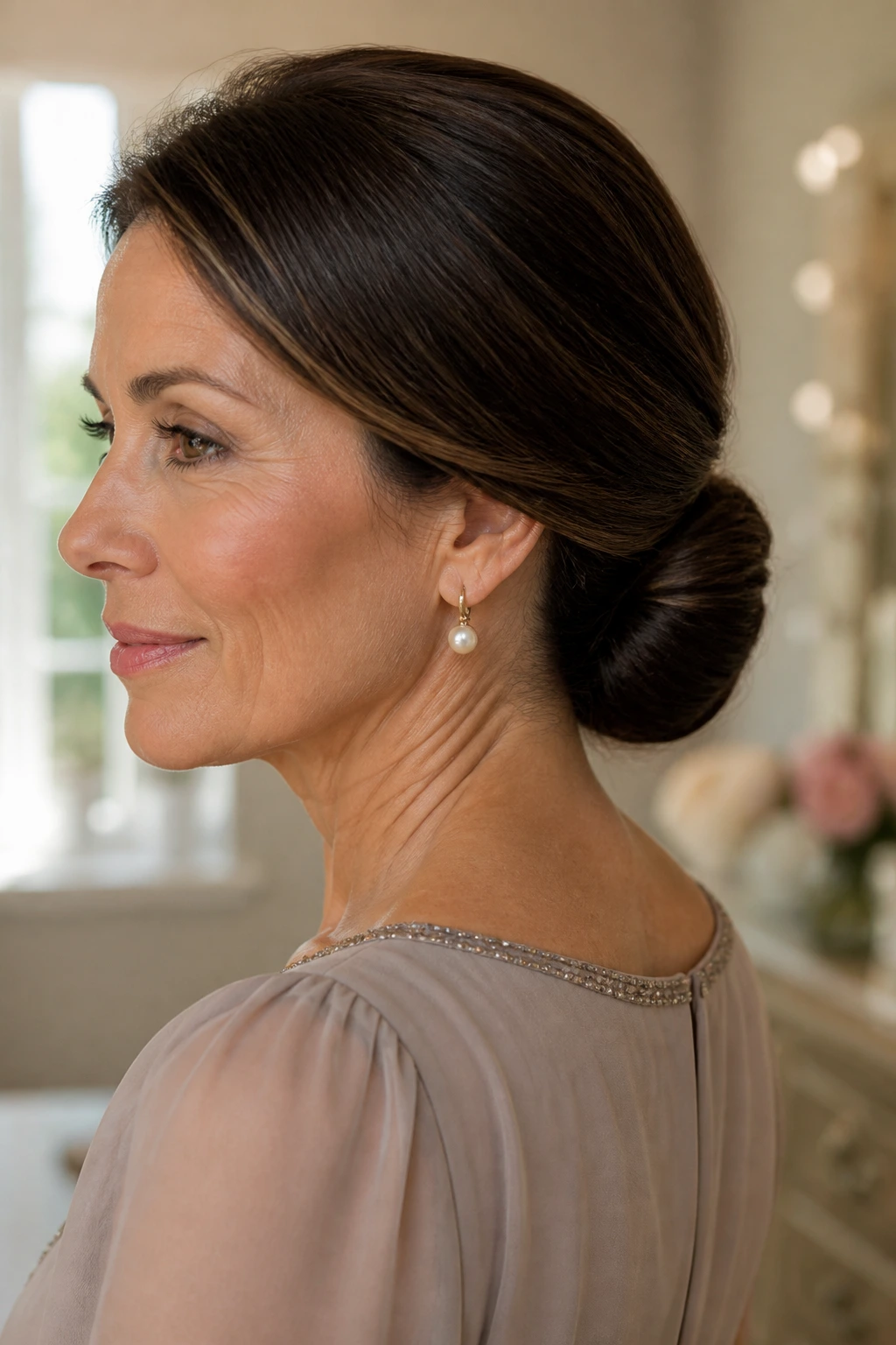 Close-up of satin low knot hairstyle on a real woman in a softly lit dressing room