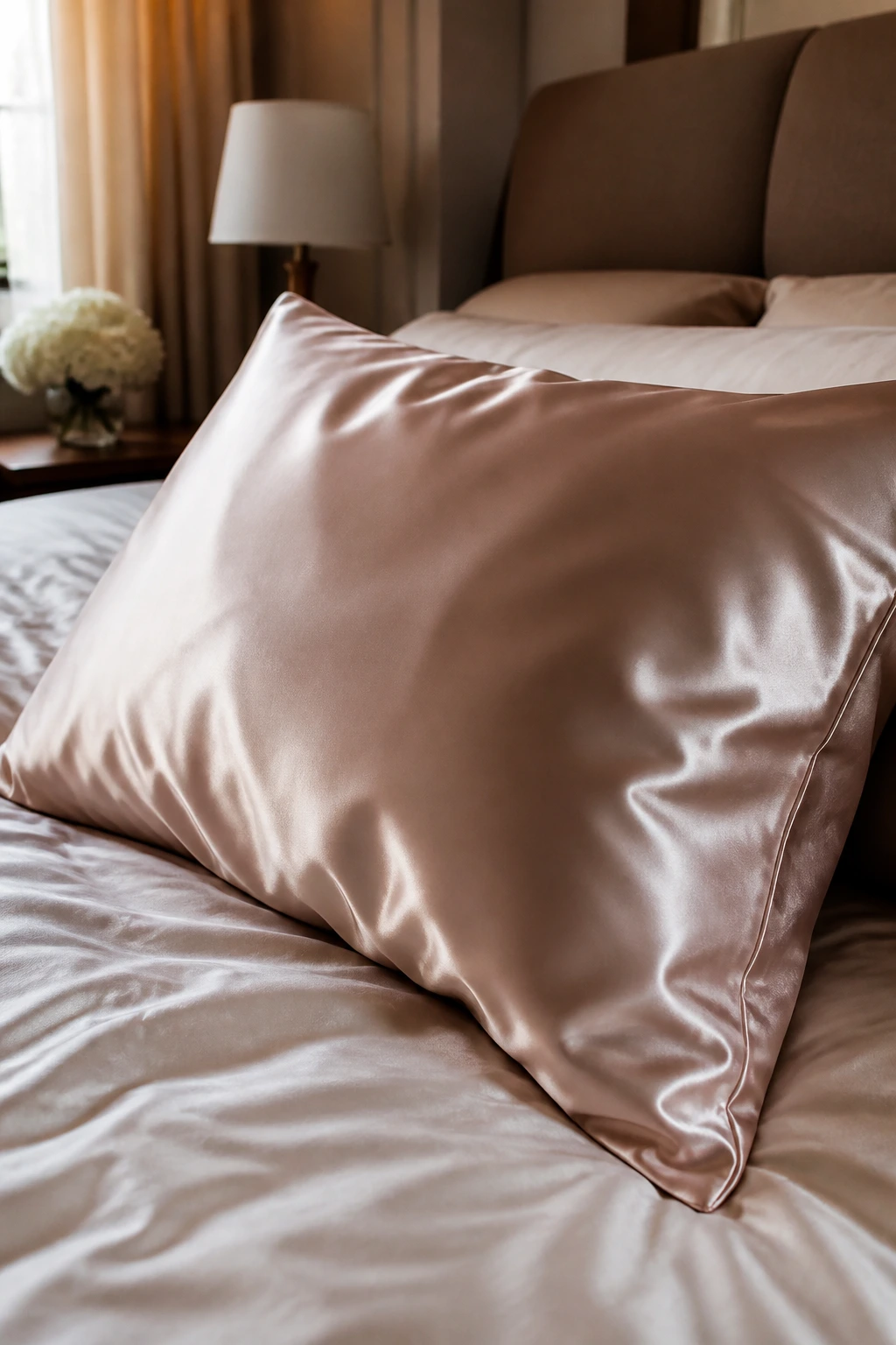 Close-up of a satin pillowcase for easy-to-wear short hair looks