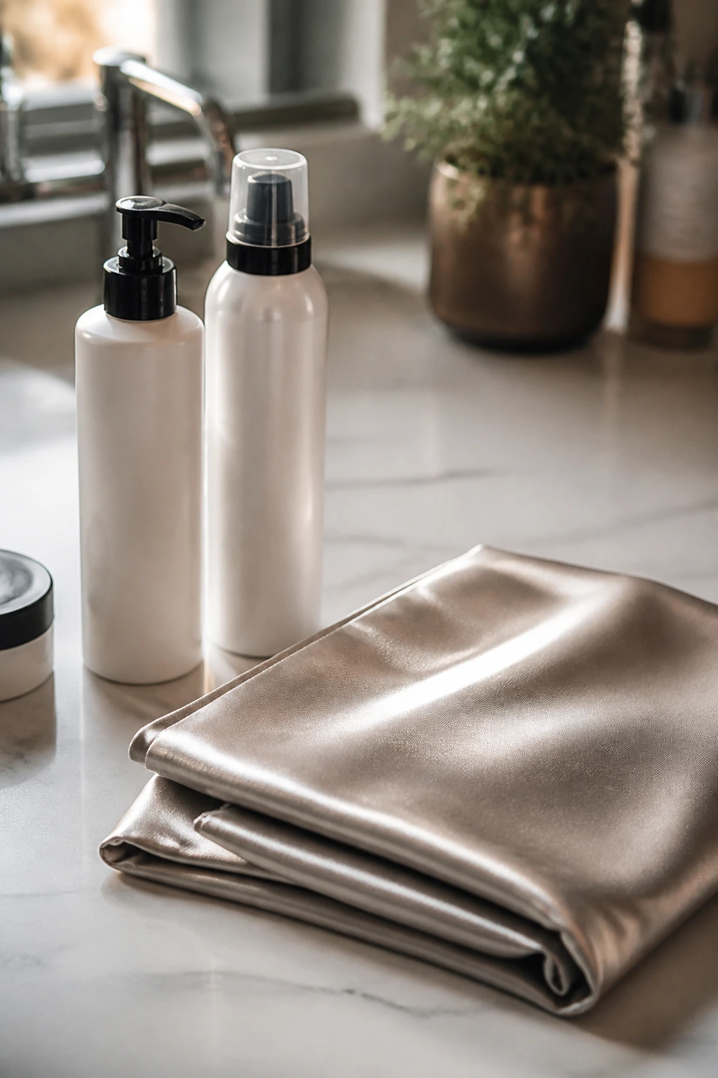 Close-up of satin pillowcase and hair care products on a bathroom counter.