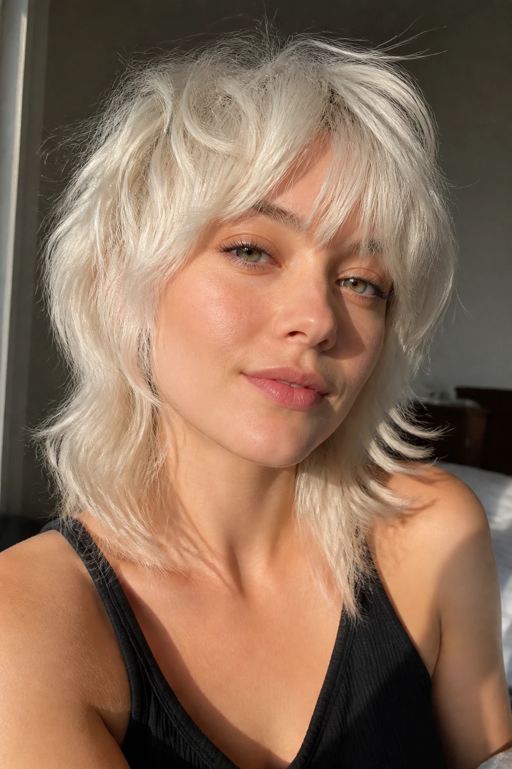 Close-up portrait of a person with satin platinum shag hair