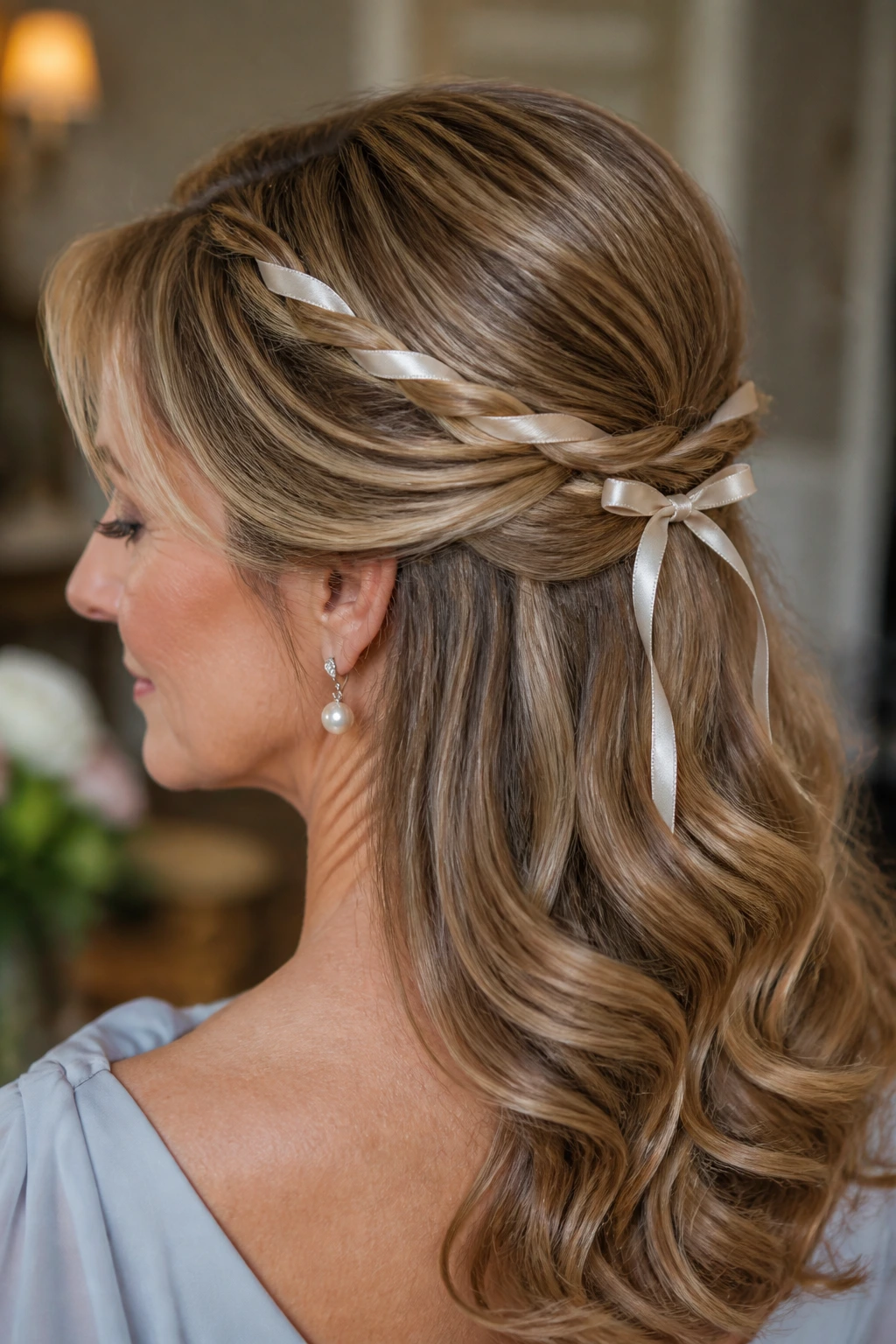 Close-up of satin ribbon half-up hairstyle on a real person