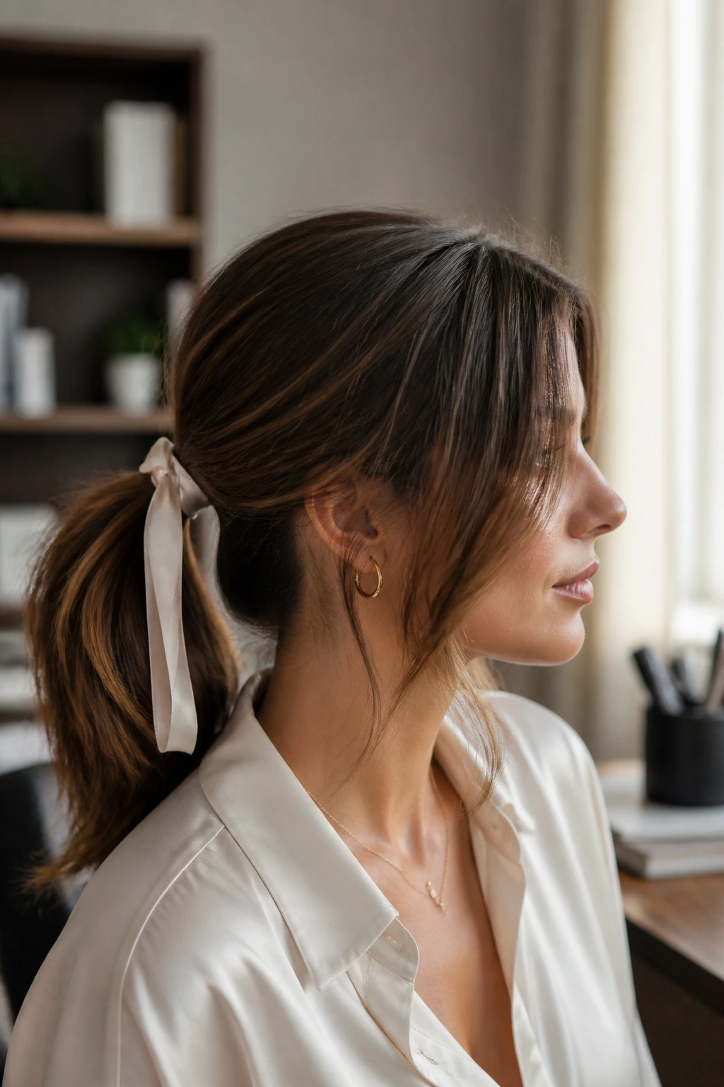 Portrait of a woman with satin-ribbon wrapped ponytail and soft front layers