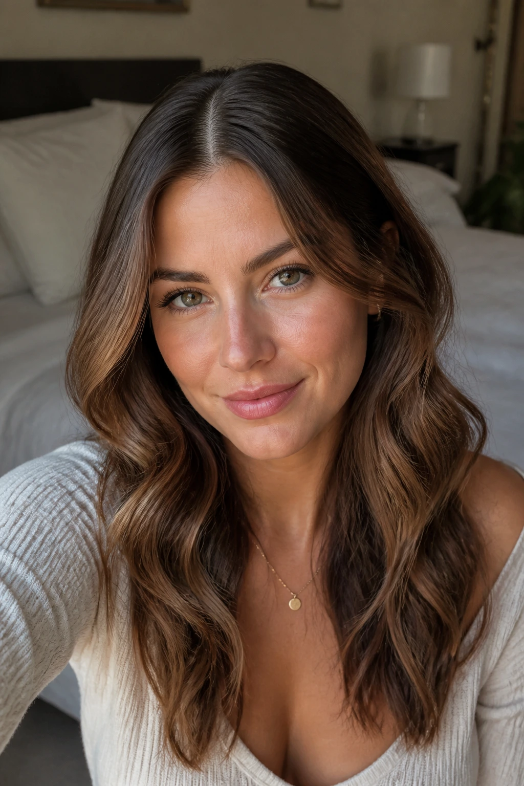 Real woman with satin-root waves featuring smooth roots and soft mid-length waves.