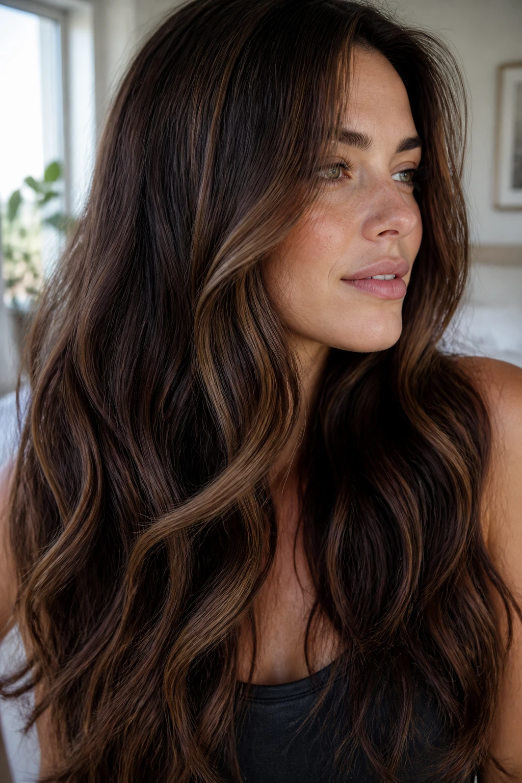 Thick-haired brunette with satin sable ribbons in lowlights