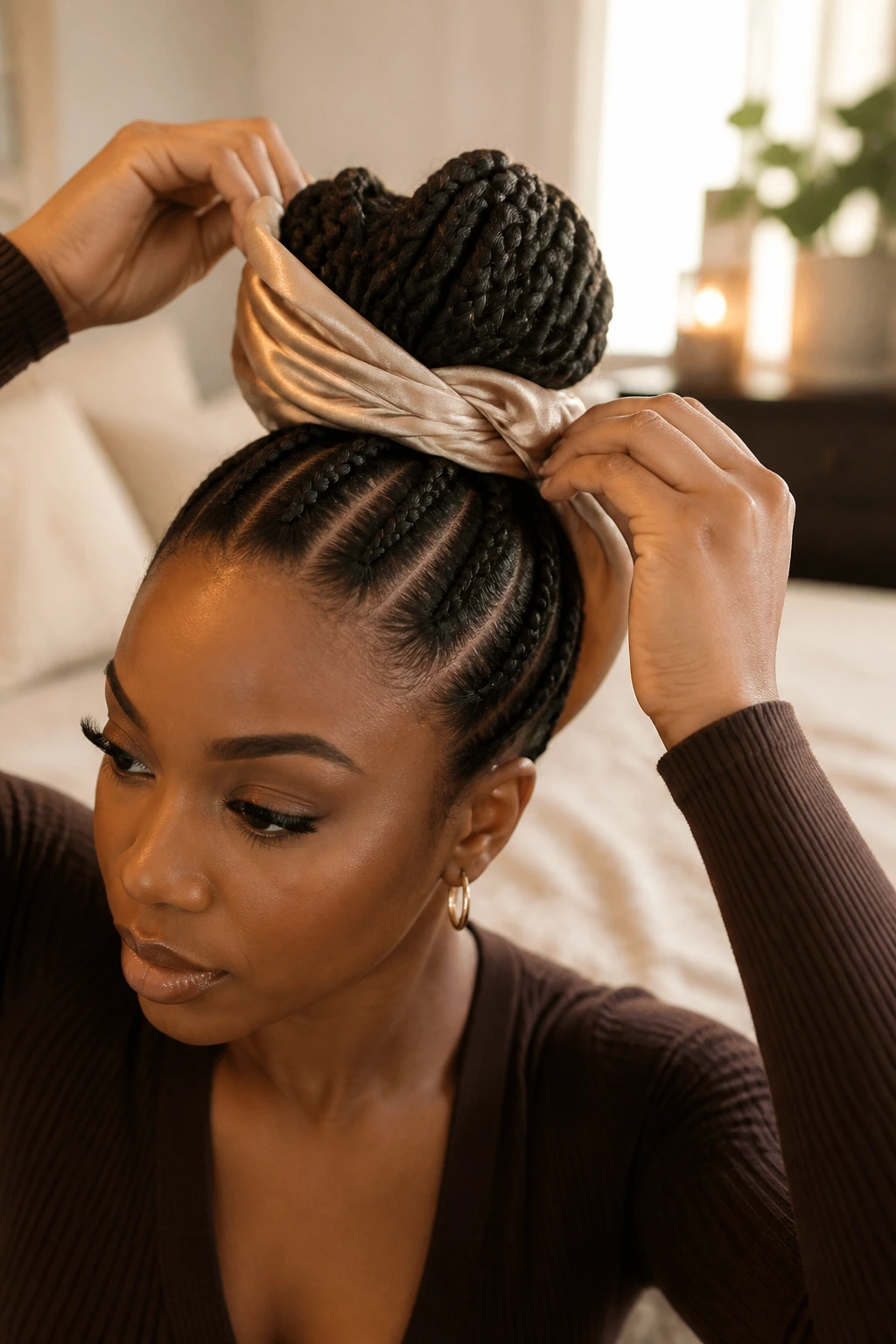 Close-up of a real woman smoothing a braid with a satin scarf around the bun