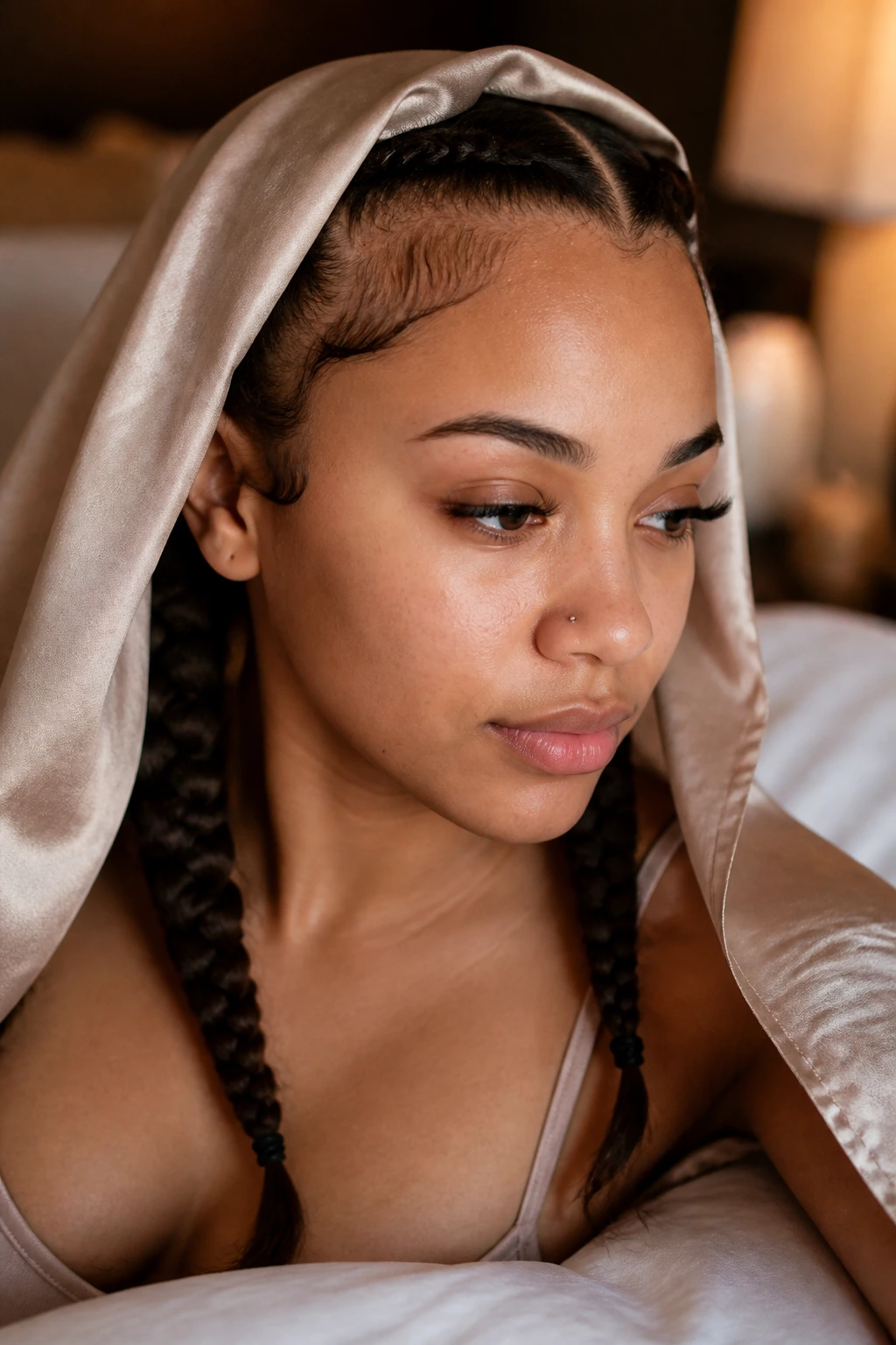 Real person with braids and satin scarf for overnight protection in a bedroom